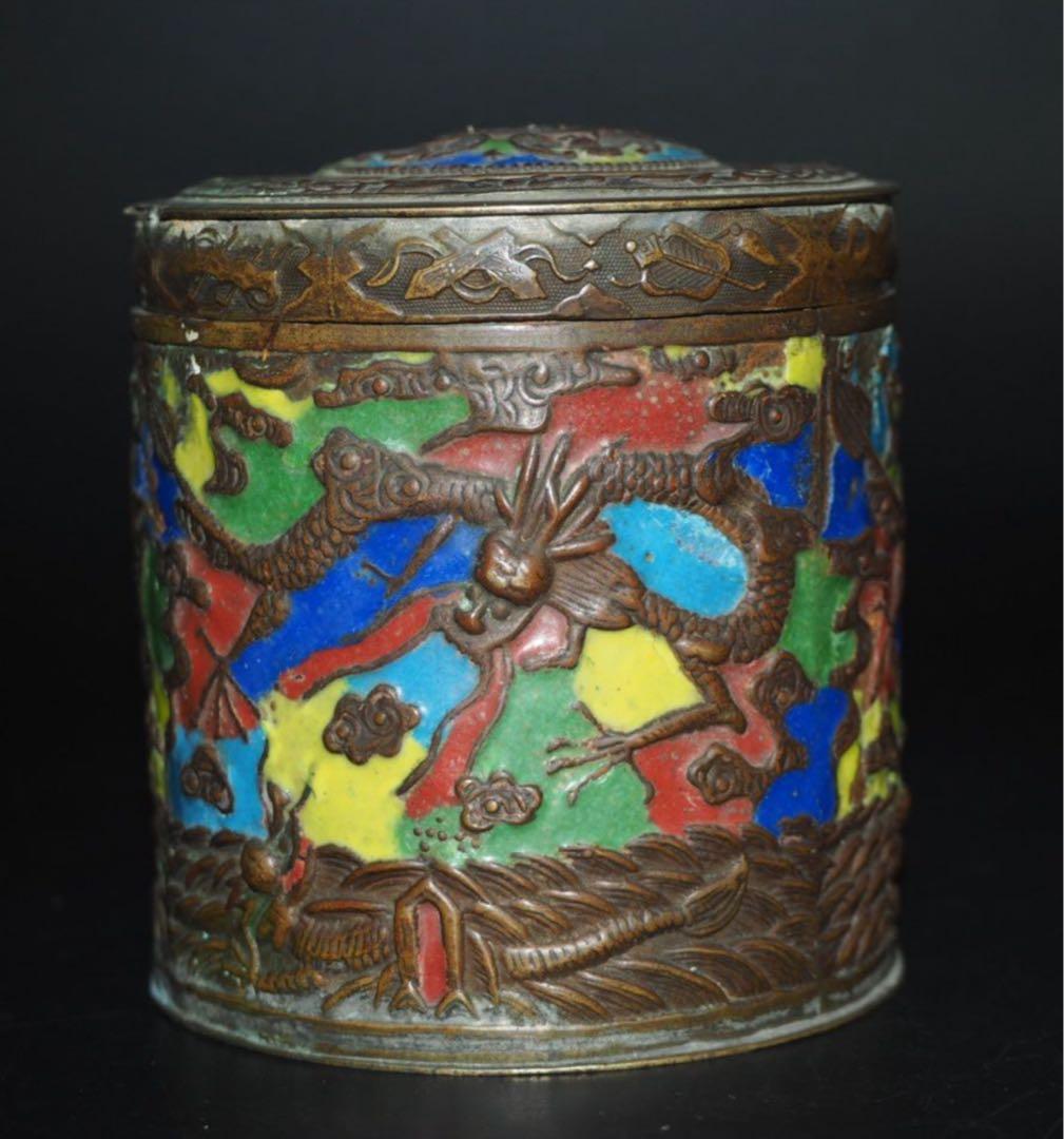 送料無料　江戸～明治　七宝龍文茶筒・茶入　茶道具　検/銀瓶鉄瓶茶托茶壺古錫玉川堂