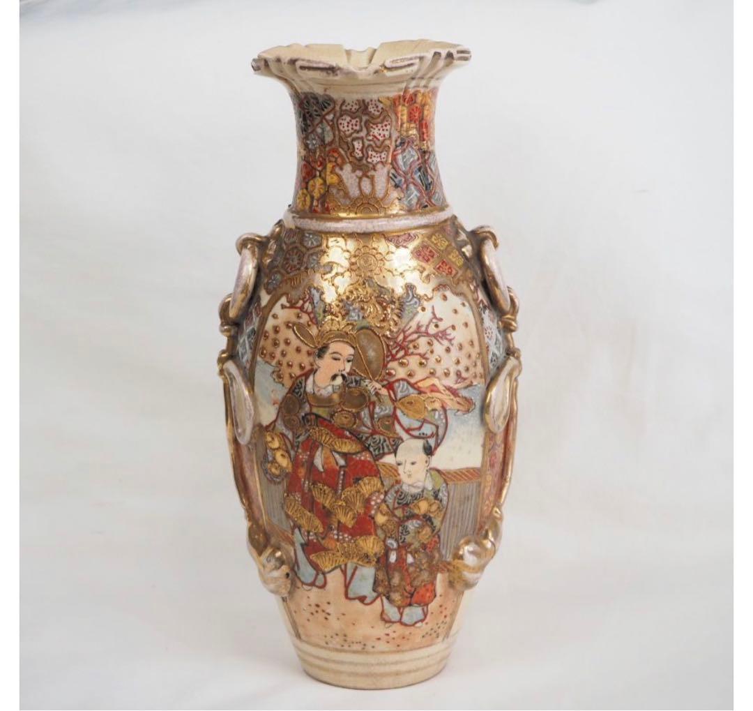 送料無料　明治期 薩摩焼 色絵金彩人物図花瓶