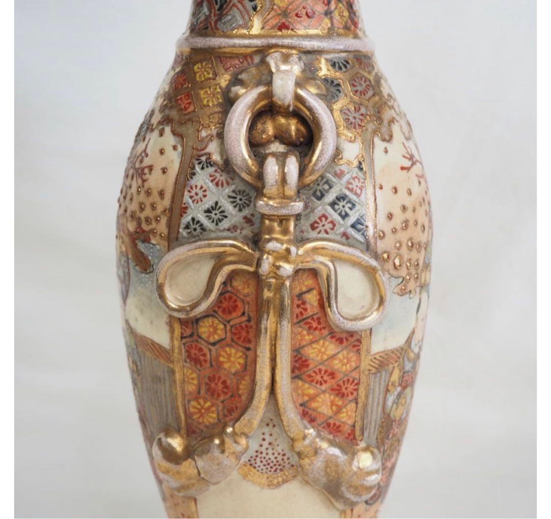 送料無料　明治期 薩摩焼 色絵金彩人物図花瓶