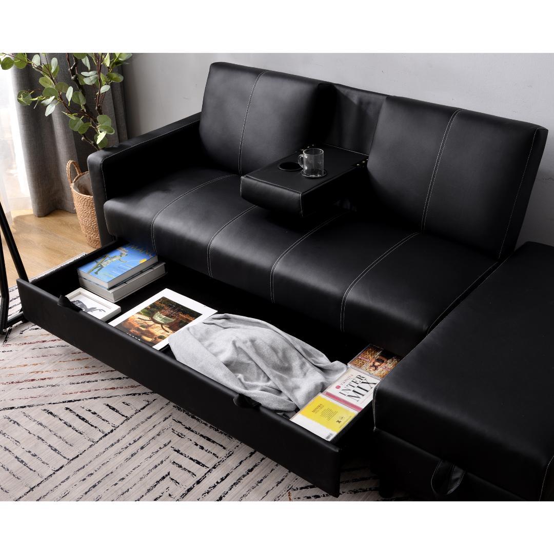 ソファー 3人掛け ソファ 多機能ソファベッド 収納機能 引き出し 【ブラック】