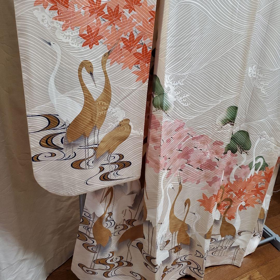 パンダ子様占用　振袖と長襦袢のみ(67)　　正絹　生成り色　鶴　松　梅　紅葉