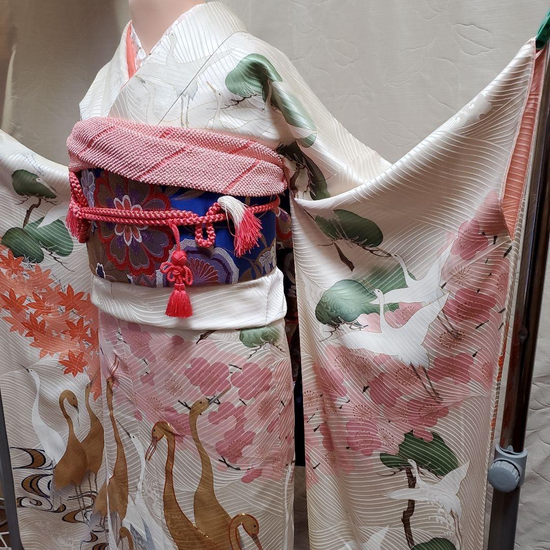 パンダ子様占用　振袖と長襦袢のみ(67)　　正絹　生成り色　鶴　松　梅　紅葉