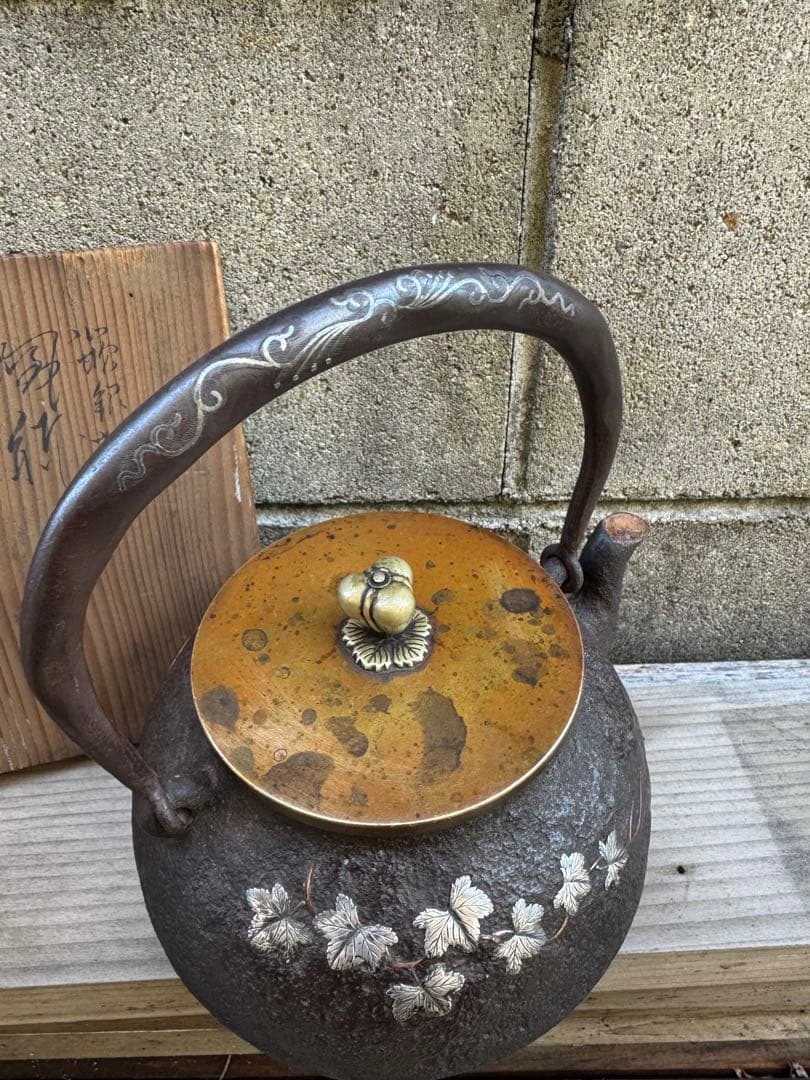 鉄瓶 白い植物模様 木箱付き