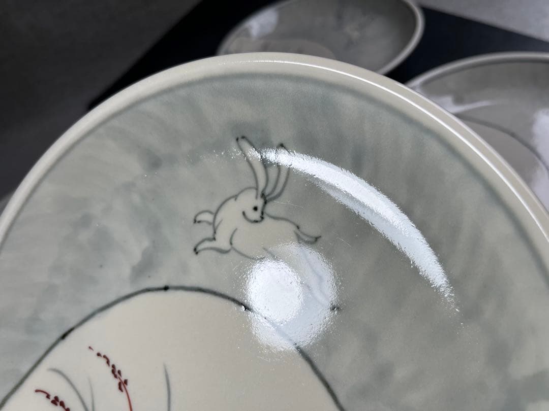 伊万里焼　文祥作　染錦うさぎ絵　 6.5寸皿　5枚