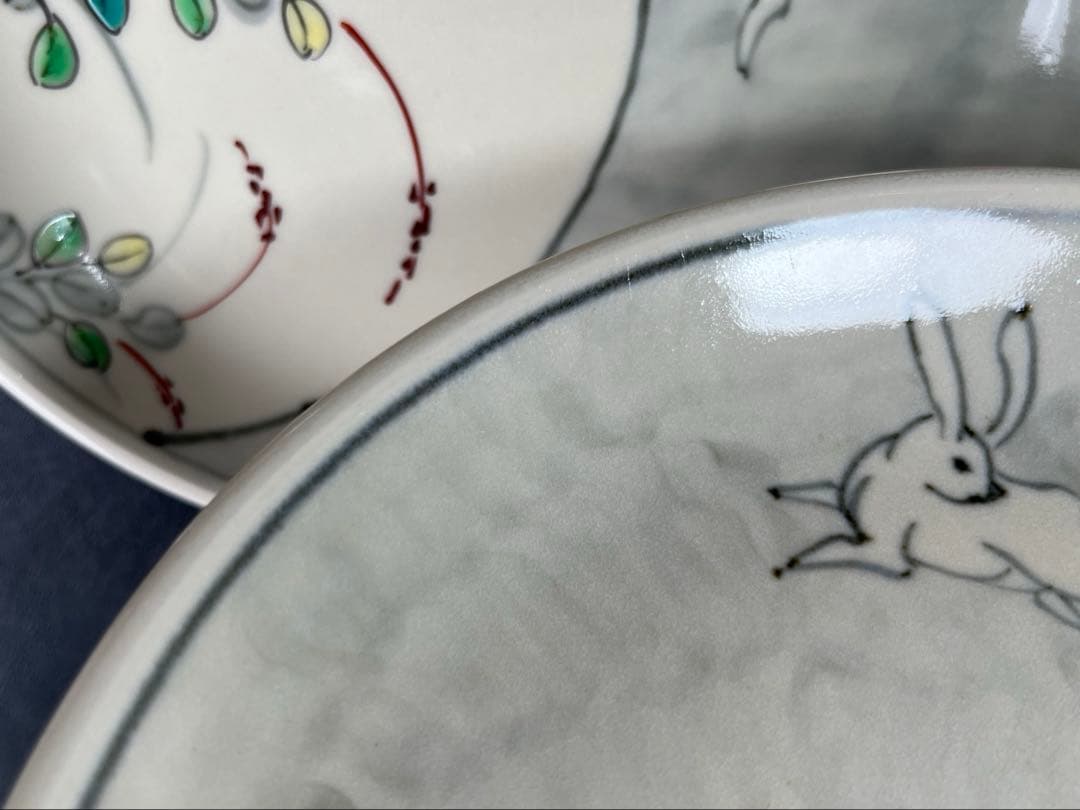 伊万里焼　文祥作　染錦うさぎ絵　 6.5寸皿　5枚
