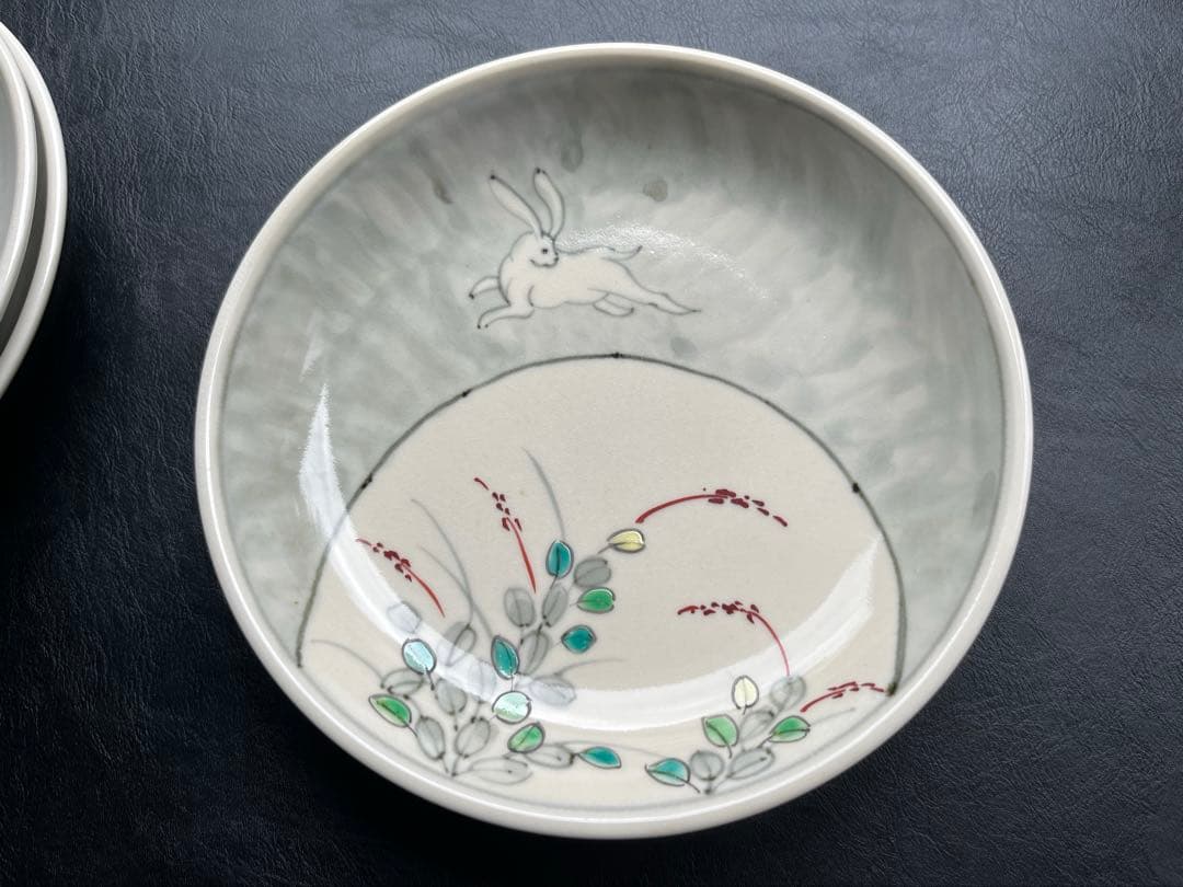 伊万里焼　文祥作　染錦うさぎ絵　 6.5寸皿　5枚