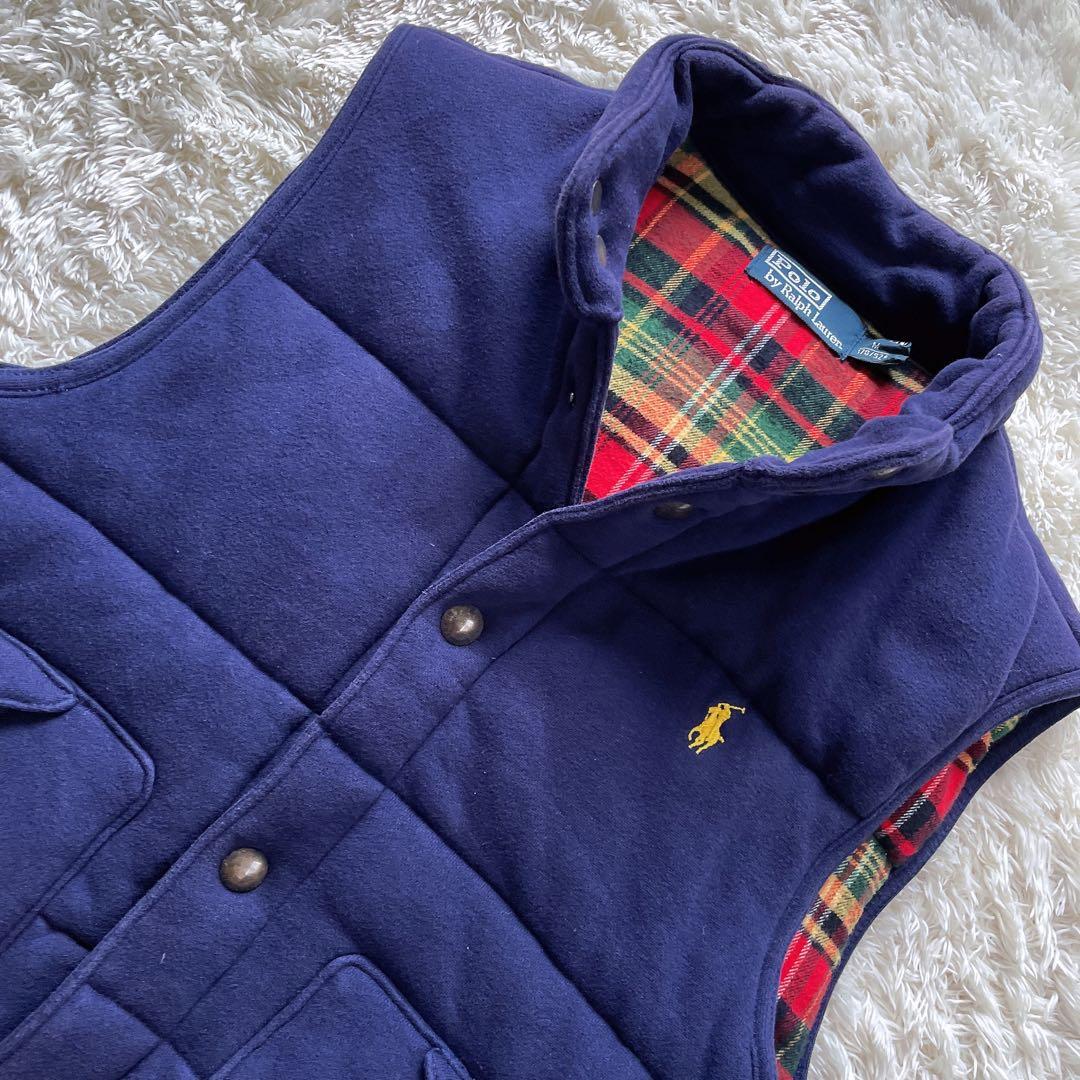 ポロバイラルフローレン M 中綿 ダウンベスト 裏地チェック ポニー　肉厚　紺