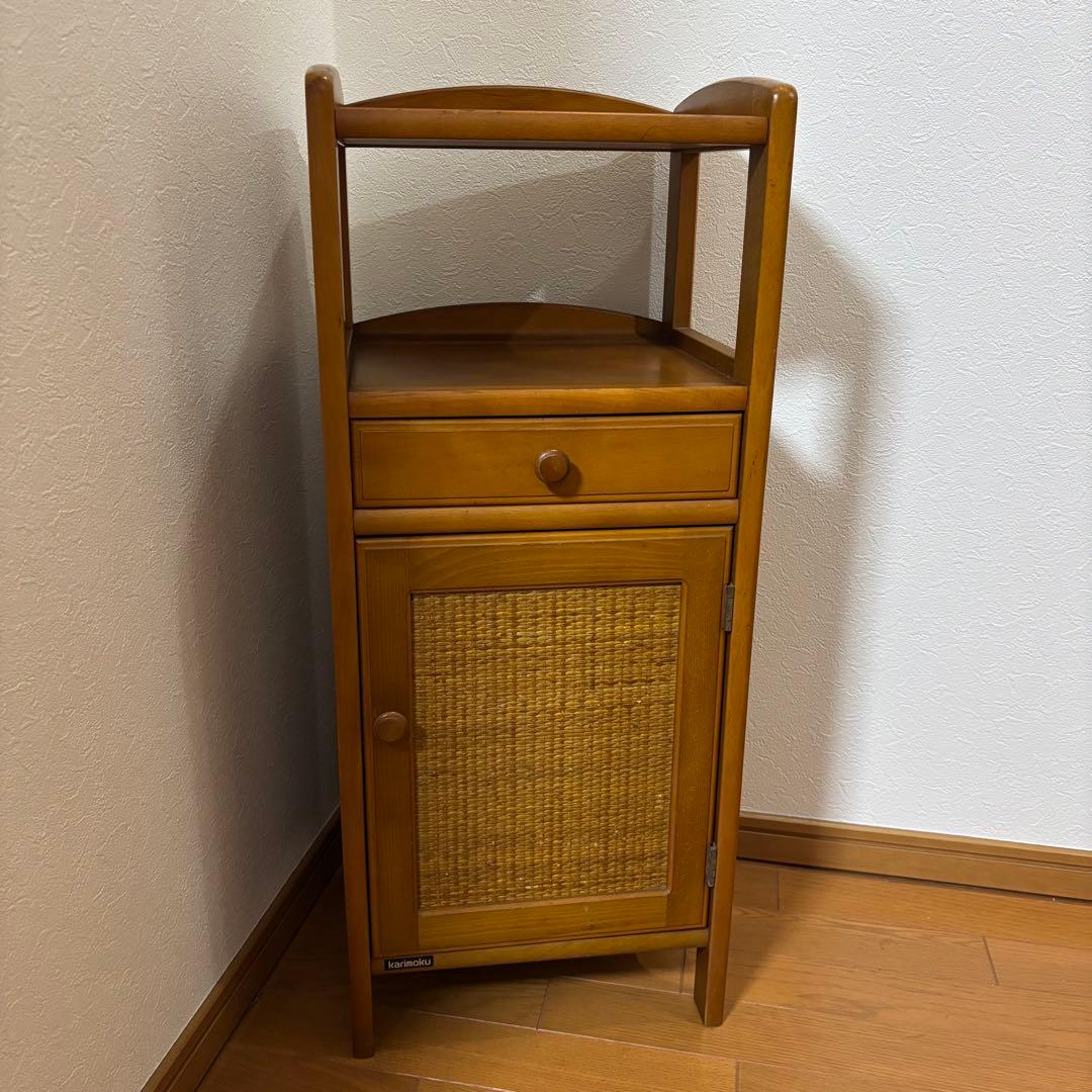 オールドカリモク 木製キャビネット 電話台 チェスト ラタン扉 昭和レトロ