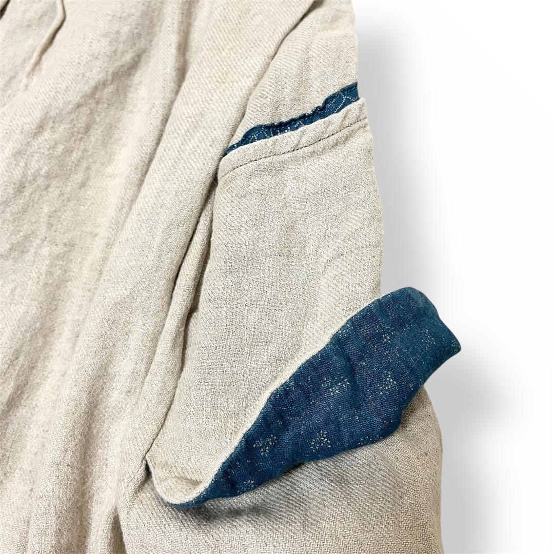 麻100%✨キャピタル バラ釦 藍染風ポケット アシンメトリー裾 ガウチョパンツ