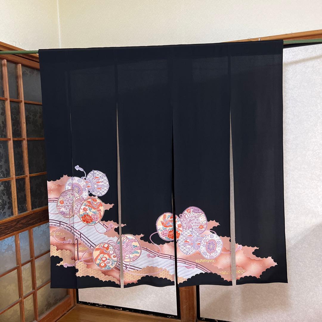 黒のれん 花柄 和風模様