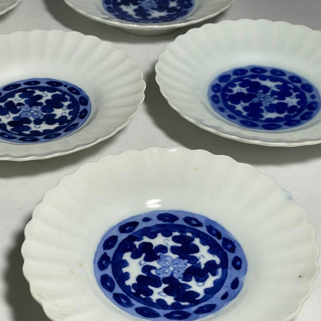 ◆染付菊形輪花皿7枚 花文 小皿中皿 旧家蔵出し品 美品 江戸幕末期〜明治初期◆