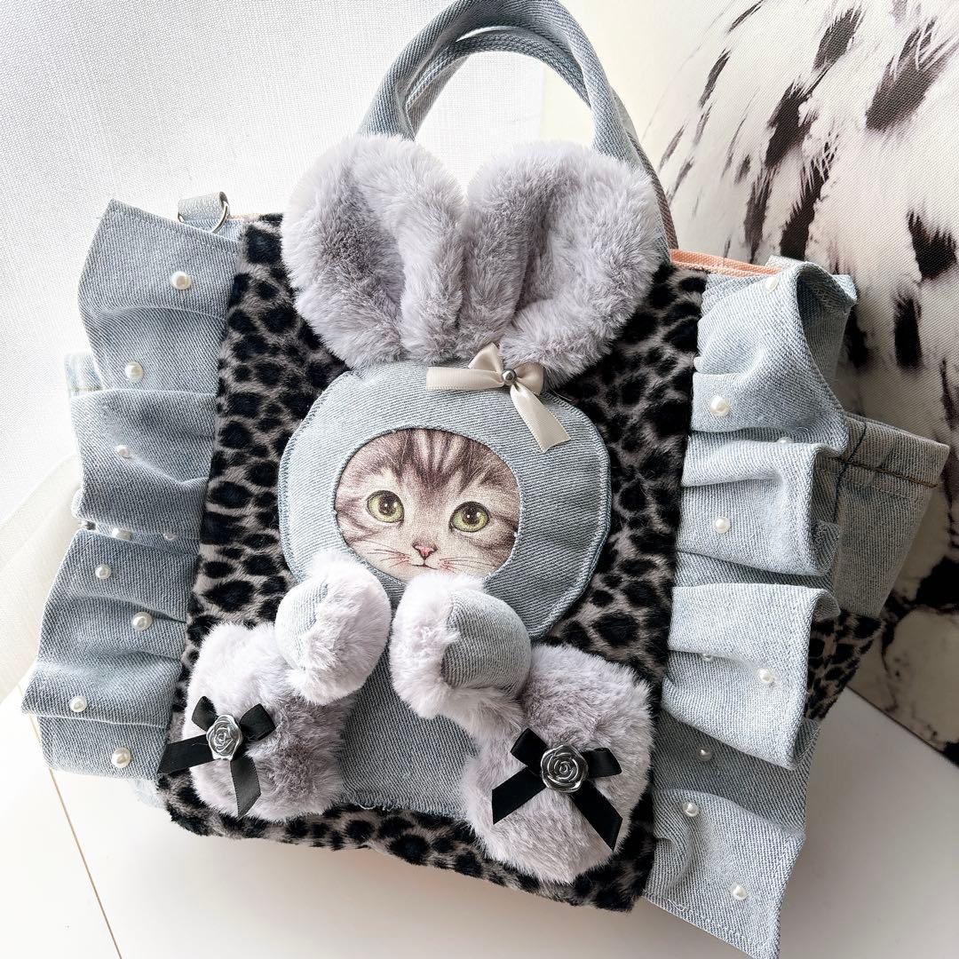 コヤンイサムチョン　バック　デニム×レオパード　パールフリル