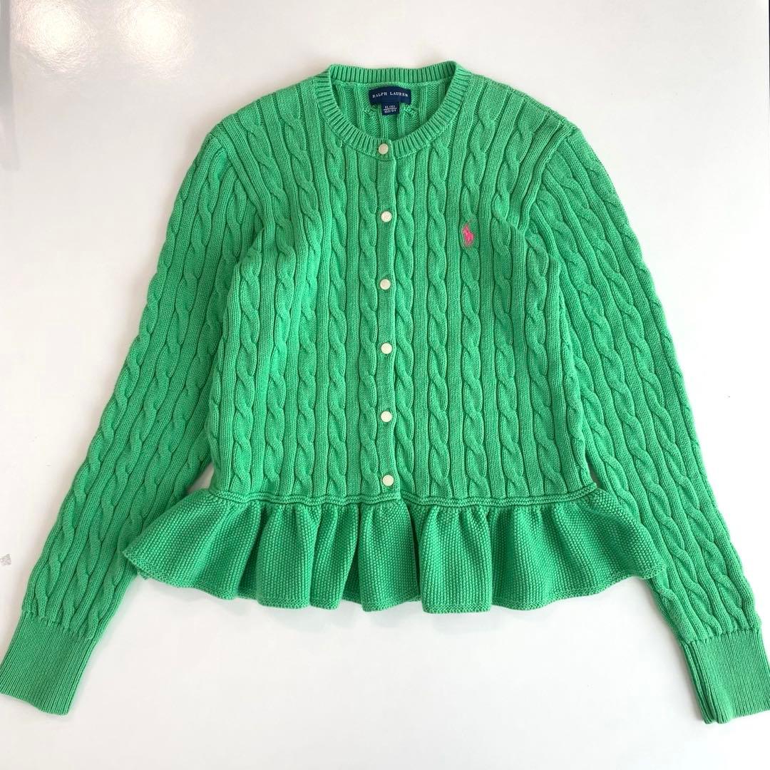ラルフローレン ケーブルニット ペプラム カーディガン グリーン レディースS