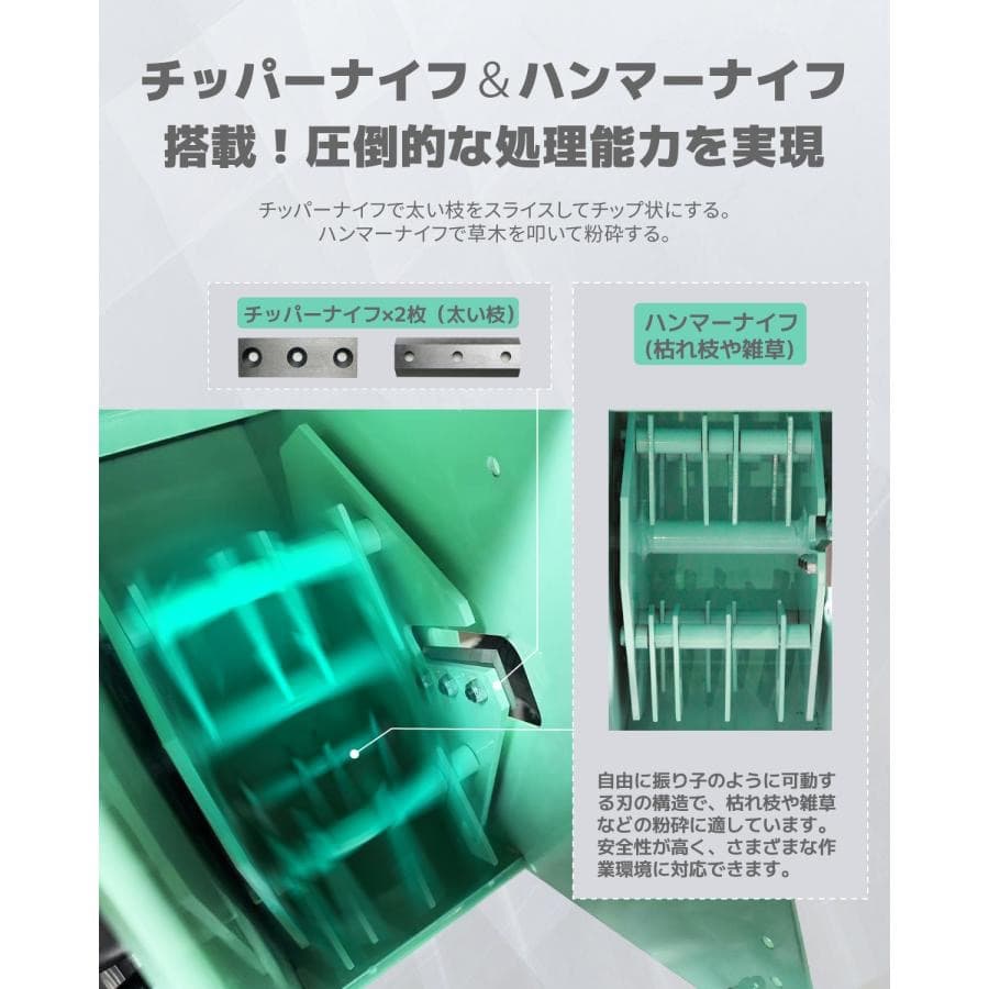 ウッドチッパー エンジン粉砕機 竹/木材最大80mm粉砕能力 6.5馬力