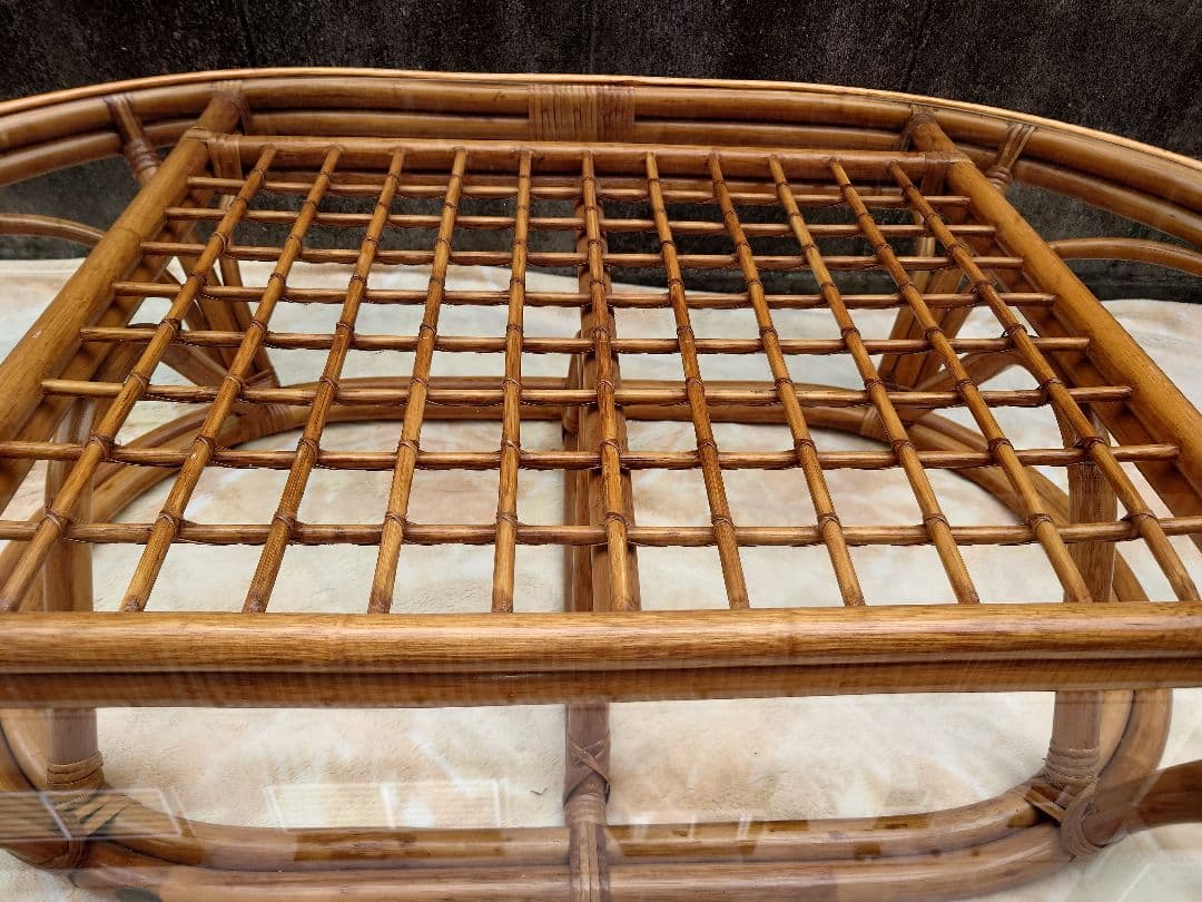 KAZAMAラタン 籐 大型ガラスローテーブル 座卓 風間カザマ ちゃぶ台 木製