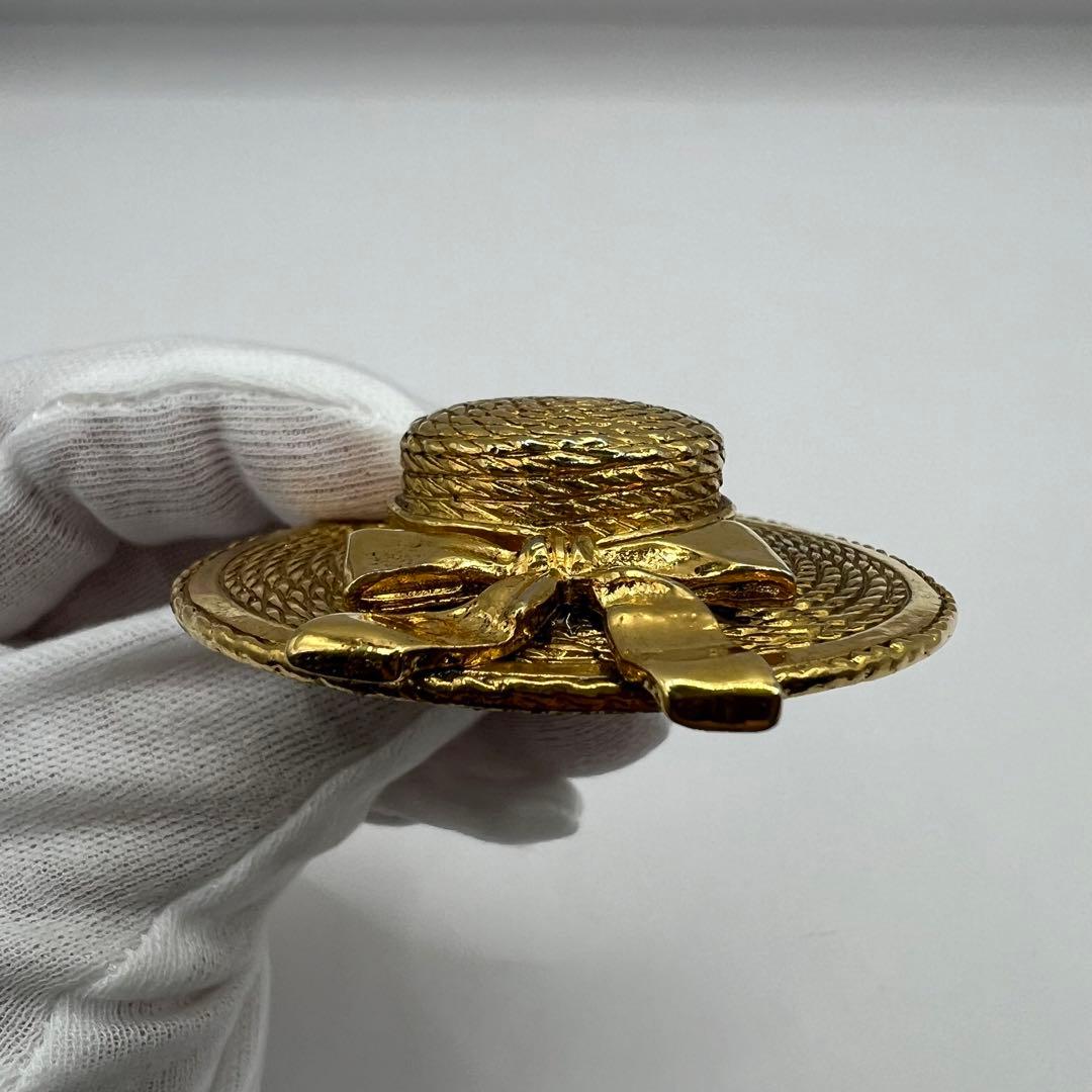 【極美品】シャネル ブローチ 麦わら帽子 ゴールド リボン