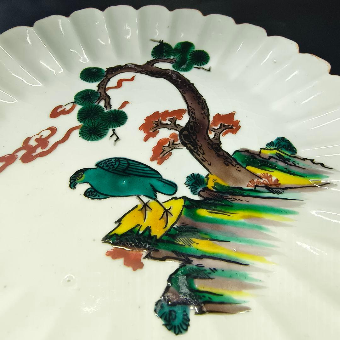 古九谷 中皿 角福 手描き 鷲風景文 口紅あり 江戸骨董 古美術 コレクター放出