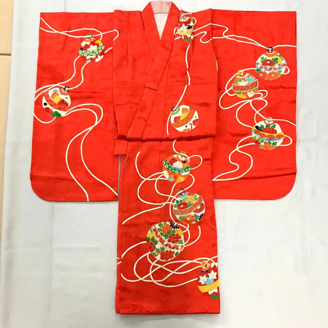 梅乃【082】正絹　7歳　四つ身　着物　朱色　鈴　手描き友禅　本加工　上質
