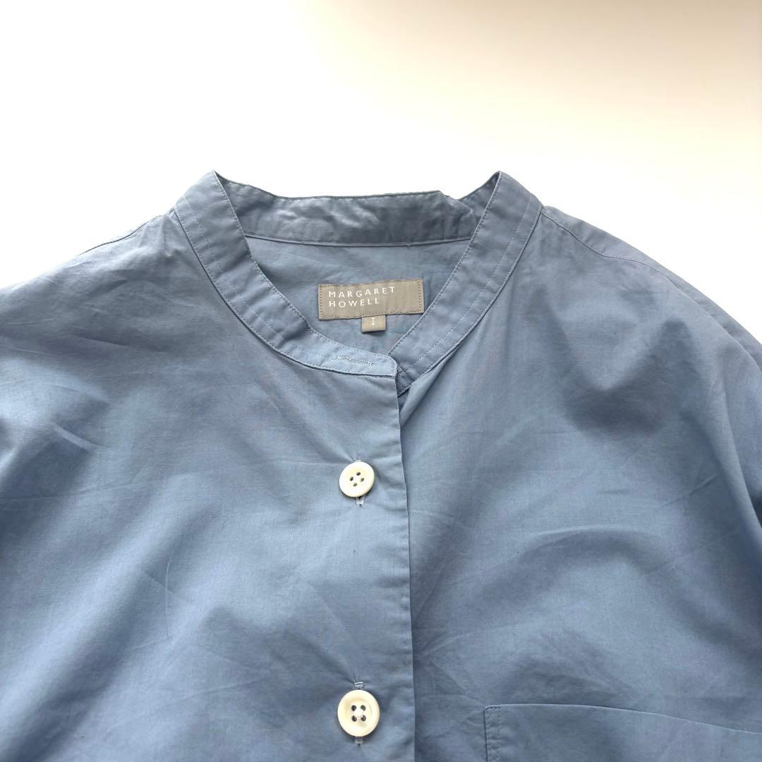 マーガレットハウエル　バンドカラー長袖シャツ　コットン　2023 くすみブルー