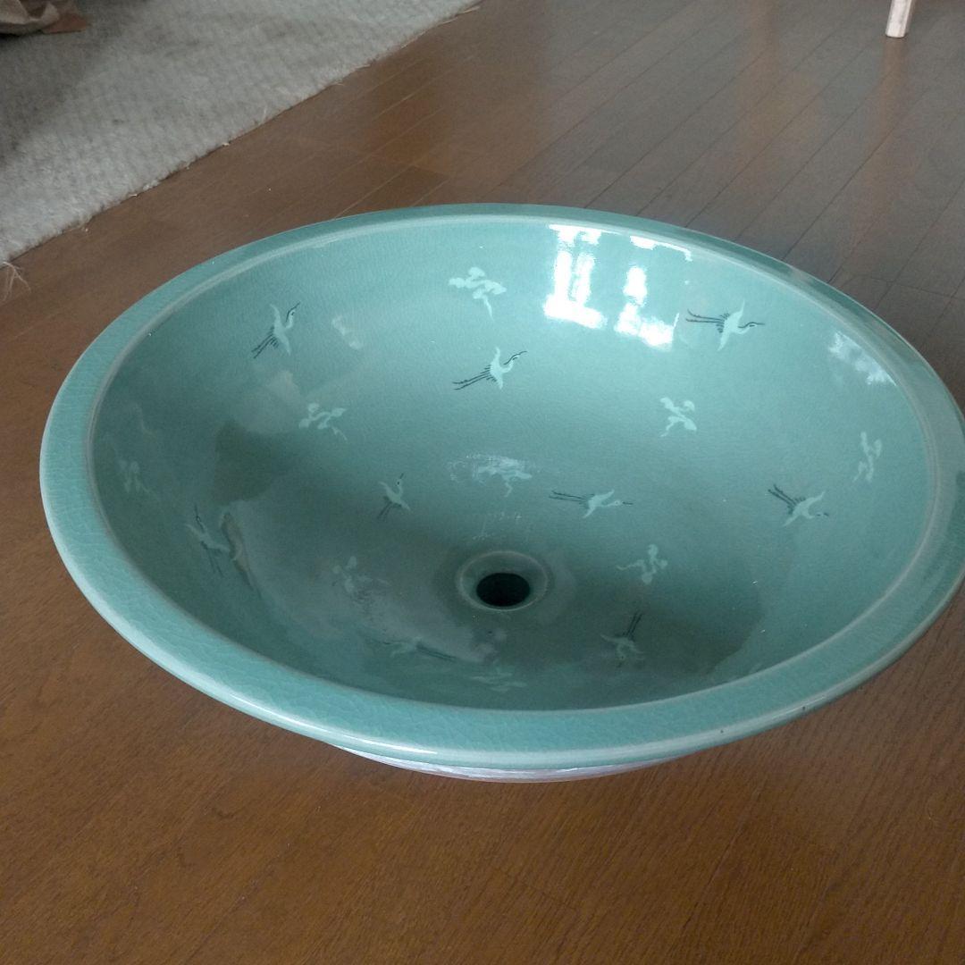朝鮮青磁 高麗青磁 雲鶴 磁器 青磁 手洗い鉢 手水鉢 作家物 作家名入