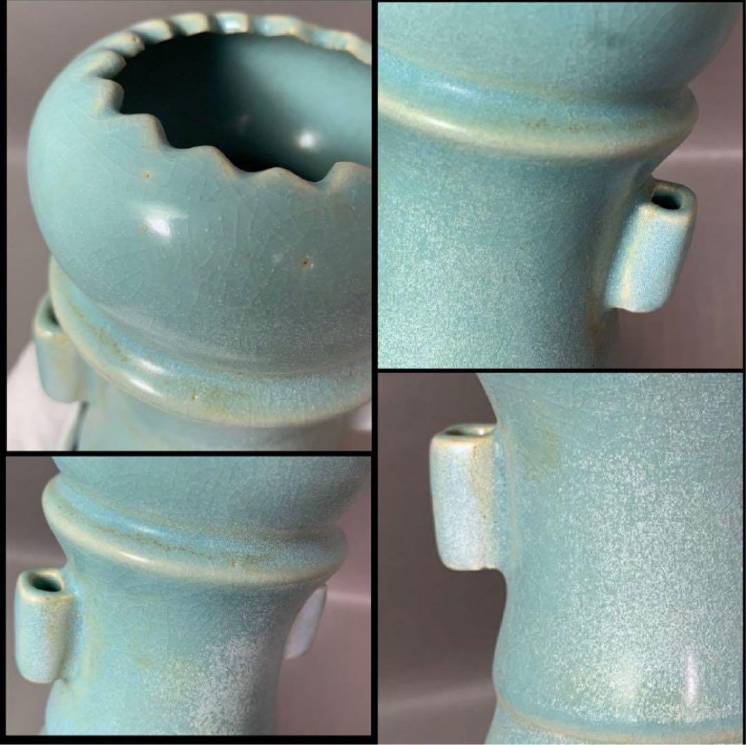 中国 四大名窯宋代汝窯天青釉 莲花口双耳花瓶 がギザギザの瓶