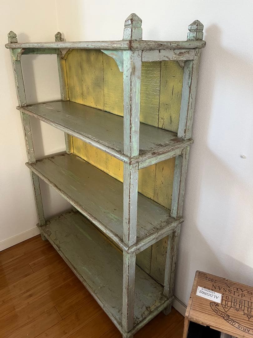 金時商店　　アンティーク風 緑色木製オープンシェルフ