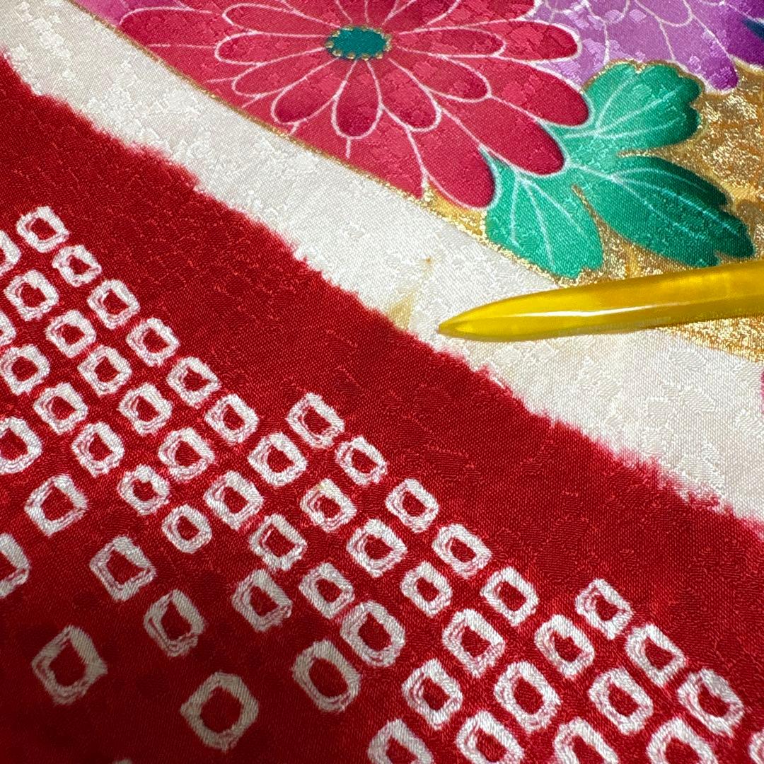 161 正絹　真紅×絞り　疋田　7歳 七五三着物フルセット　和装小物　袋帯