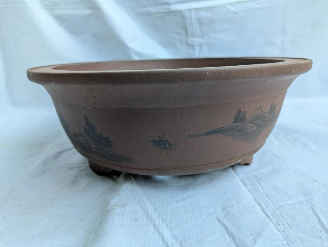 大型 盆栽鉢 絵鉢 外寸48×40cm 高さ14.5cm 楕円鉢 古鉢 作者不詳