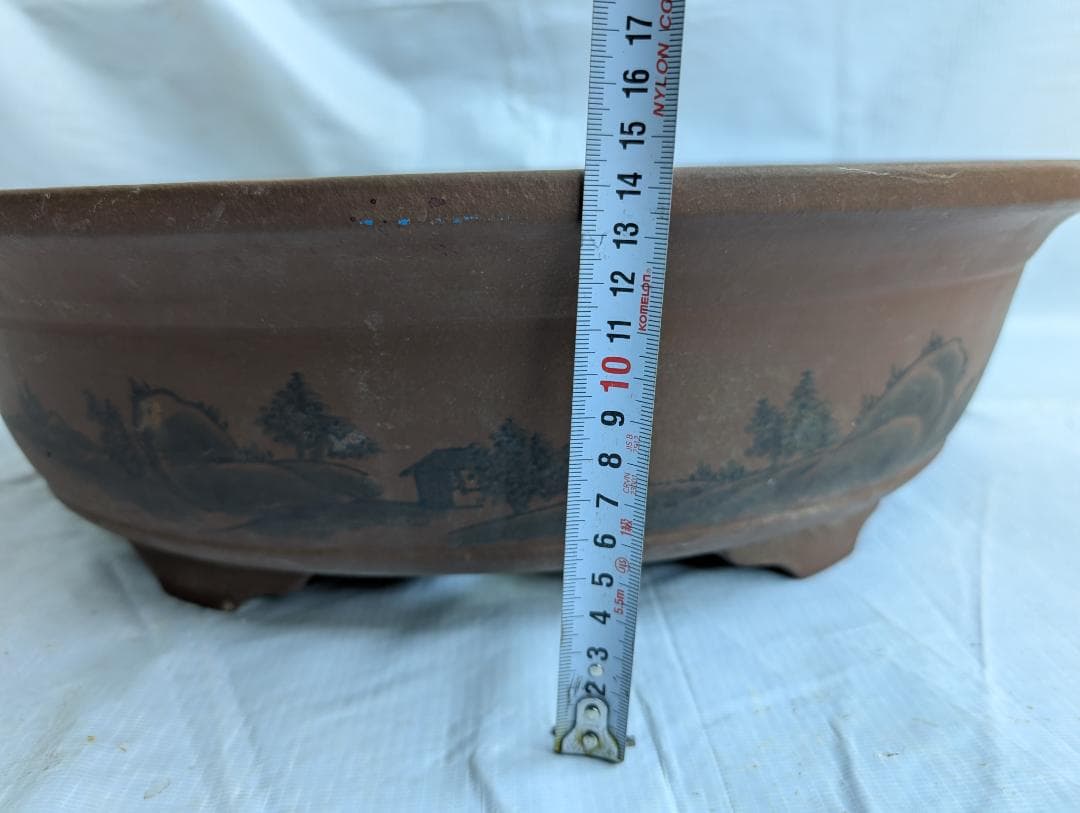 大型 盆栽鉢 絵鉢 外寸48×40cm 高さ14.5cm 楕円鉢 古鉢 作者不詳