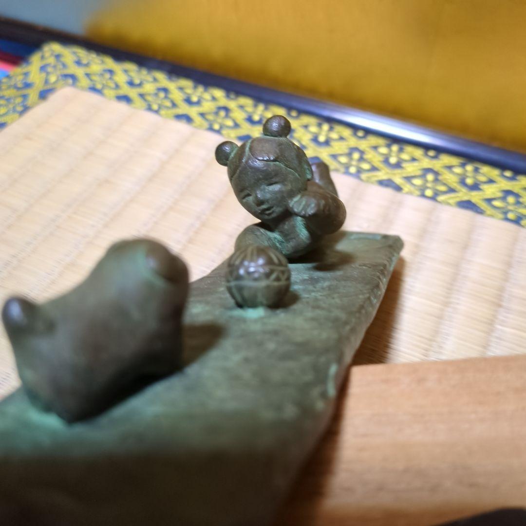 蝋型鋳銅、子供と毬と犬の日和、文鎮置物 木箱付き