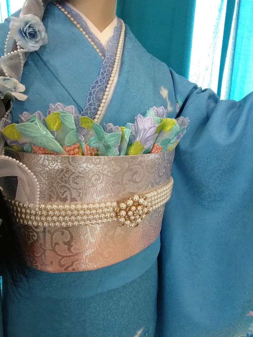 振袖フルセット、正絹振袖成人式、重ね衿帯揚げ帯締め、西陣袋帯長襦袢、ガード加工₠