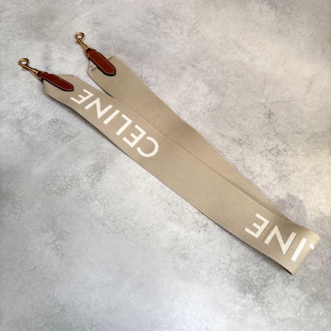 未使用級 CELINE ロゴ ジャカード ロングストラップ ベージュ キャンバス