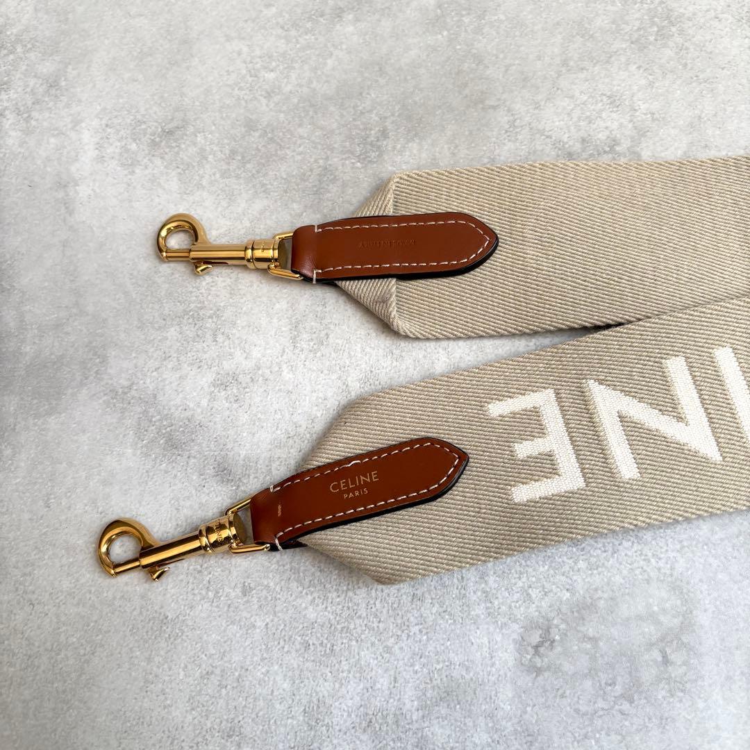 未使用級 CELINE ロゴ ジャカード ロングストラップ ベージュ キャンバス