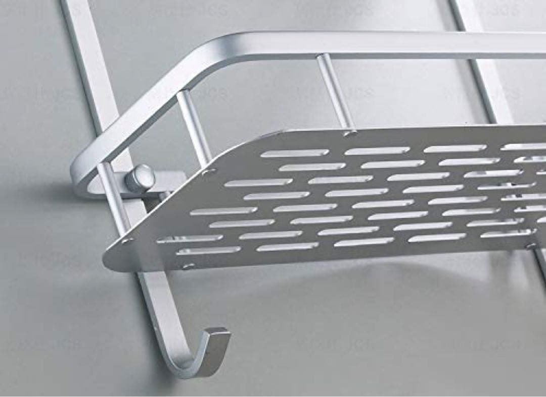 ☆バスルーム棚2層貼るタイプフック5個クロームシルバーウォールラックタオルフック