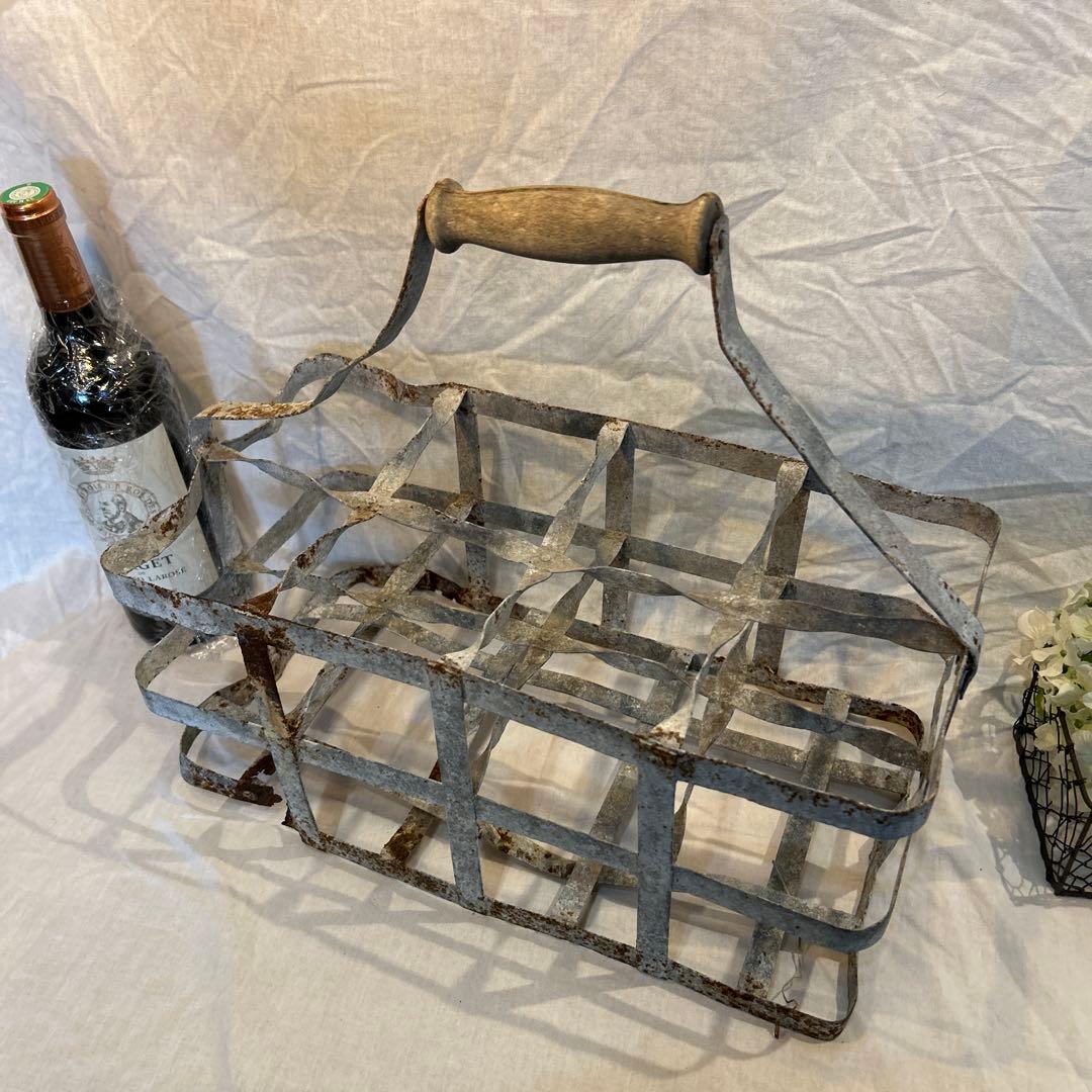 シャビー　フランスアンティーク ワインラック ワインキャリー8本 木製ハンドル