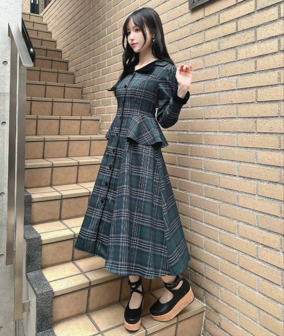 【新品】別珍ラペルペプラムチェックワンピース グリーン