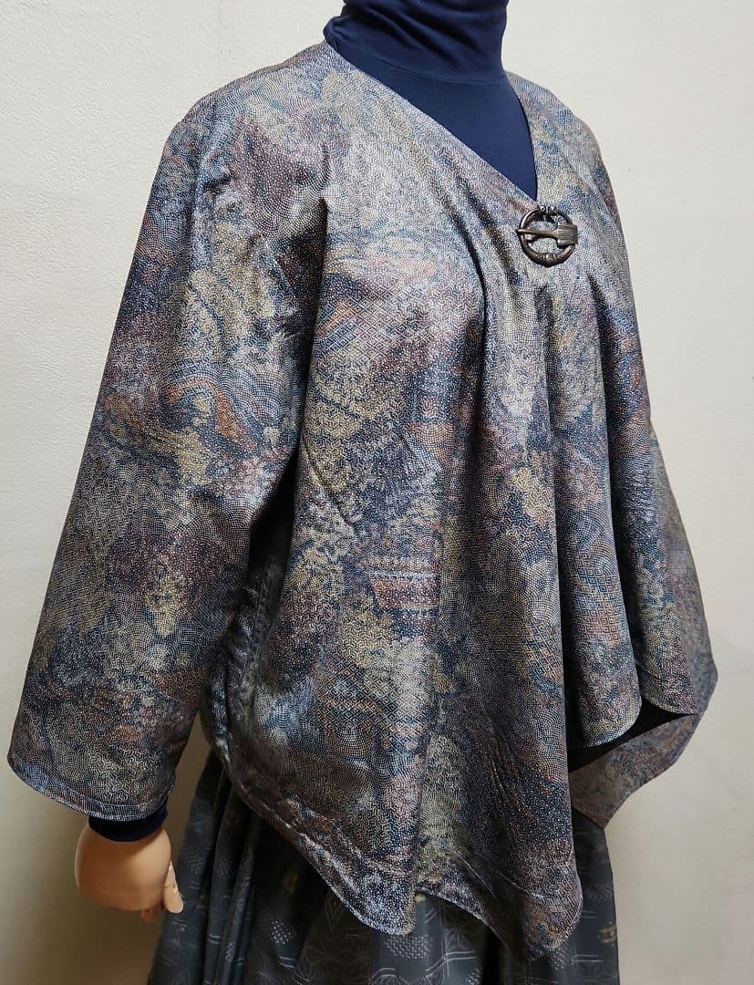 リバーシブル染大島紬&グレー無地紬リメイクドレ－プジャケットリバマフラー付き
