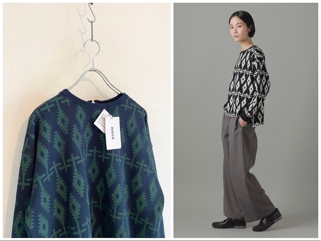 未使用タグ付 2025SS ZUCCa ブロックプリントスウェット M ネイビー
