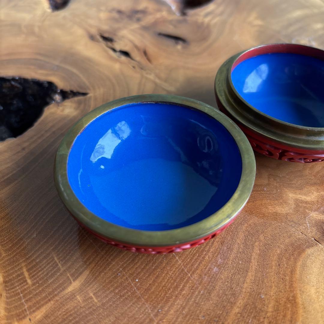 中国 堆朱 香合 茶道具 内七宝 金属枠香合