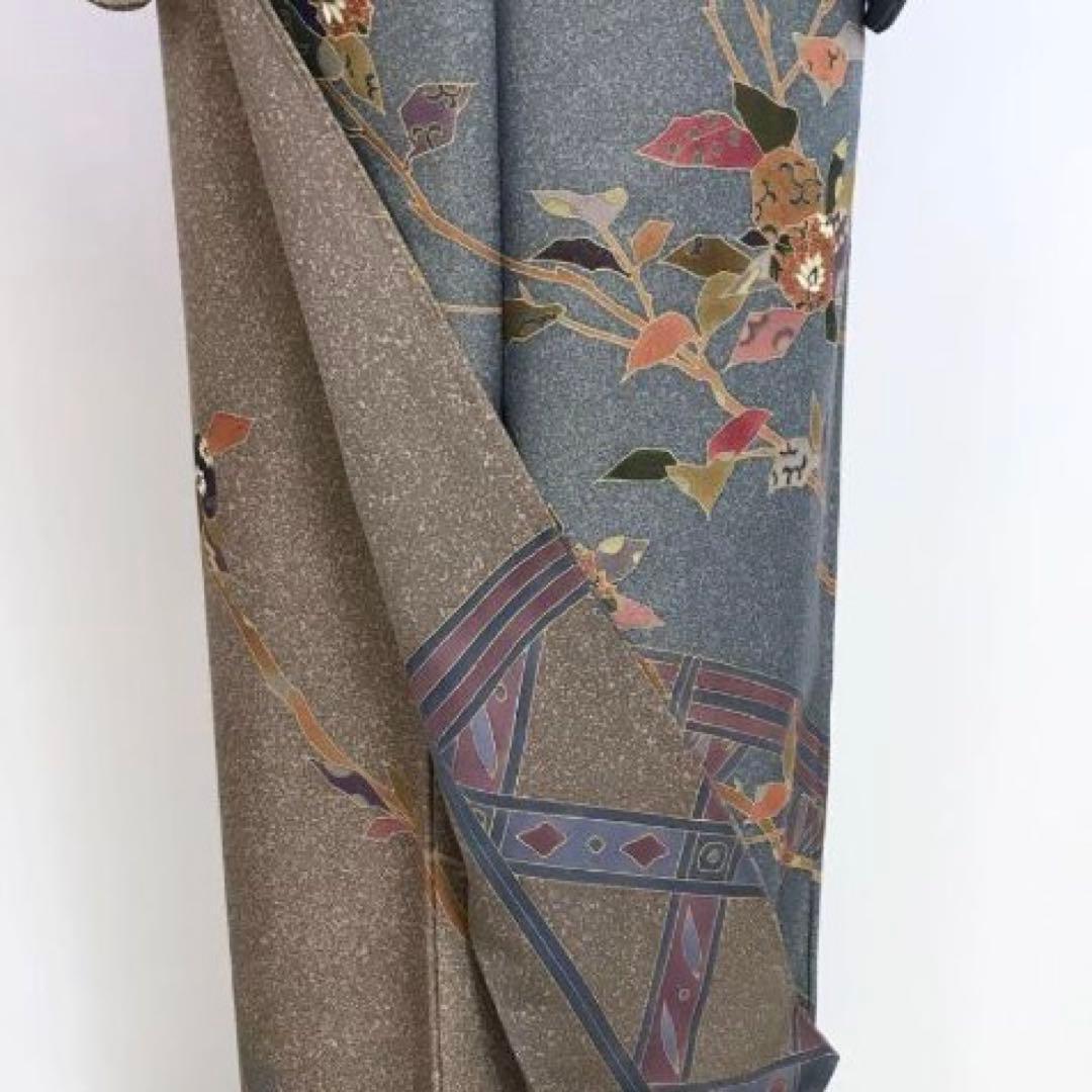 ZY-773 訪問着 叩き染め 金通し 枝と花 垣根 共八掛 逸品 名品