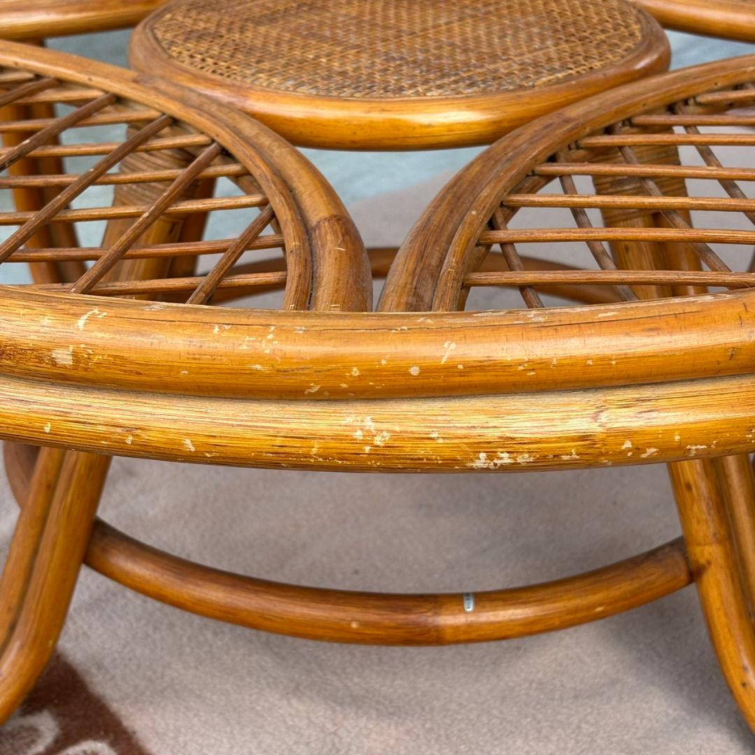 ヴィンテージ 丸ガラス ラタンテーブル 籐 ラウンド コーヒーテーブル 籐家具