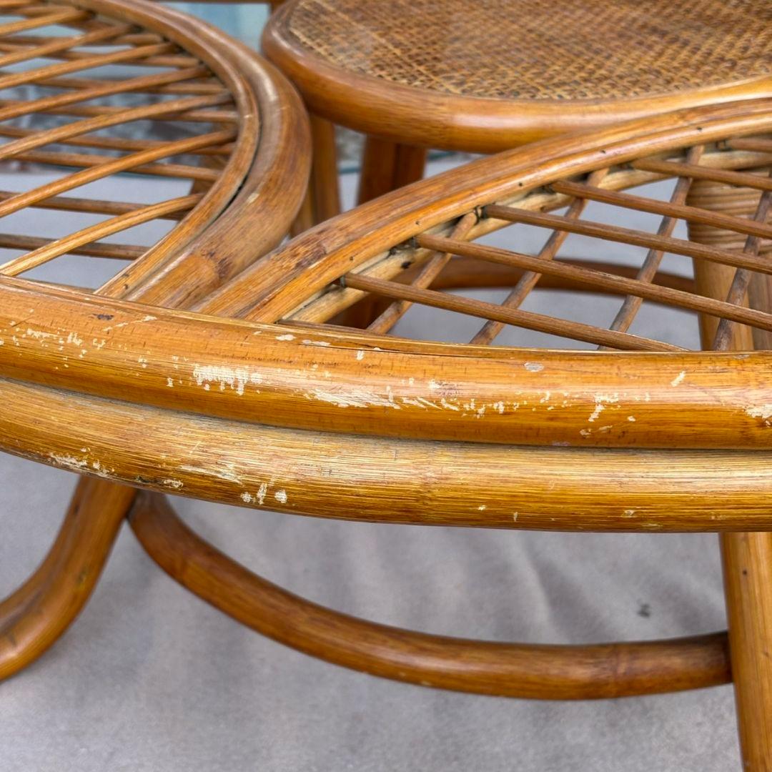 ヴィンテージ 丸ガラス ラタンテーブル 籐 ラウンド コーヒーテーブル 籐家具
