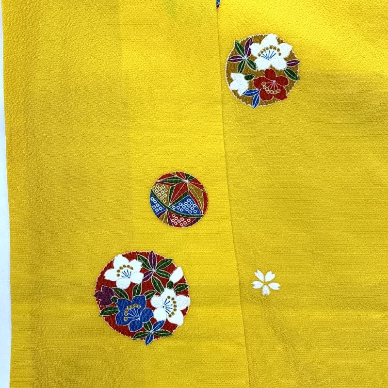 508aj27■ジュニア着物 十三参り 卒業式 縮緬 鞠 黄色 推し色■美品