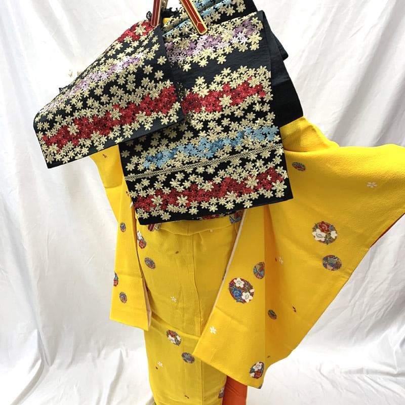 508aj27■ジュニア着物 十三参り 卒業式 縮緬 鞠 黄色 推し色■美品