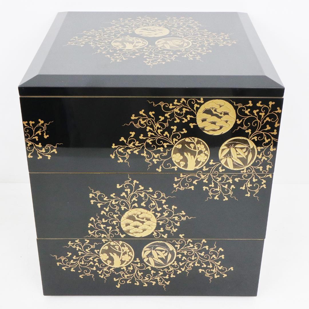 漆器　金蒔絵 花唐草 松竹梅 重箱　 塗師　鐵二　共箱 共布