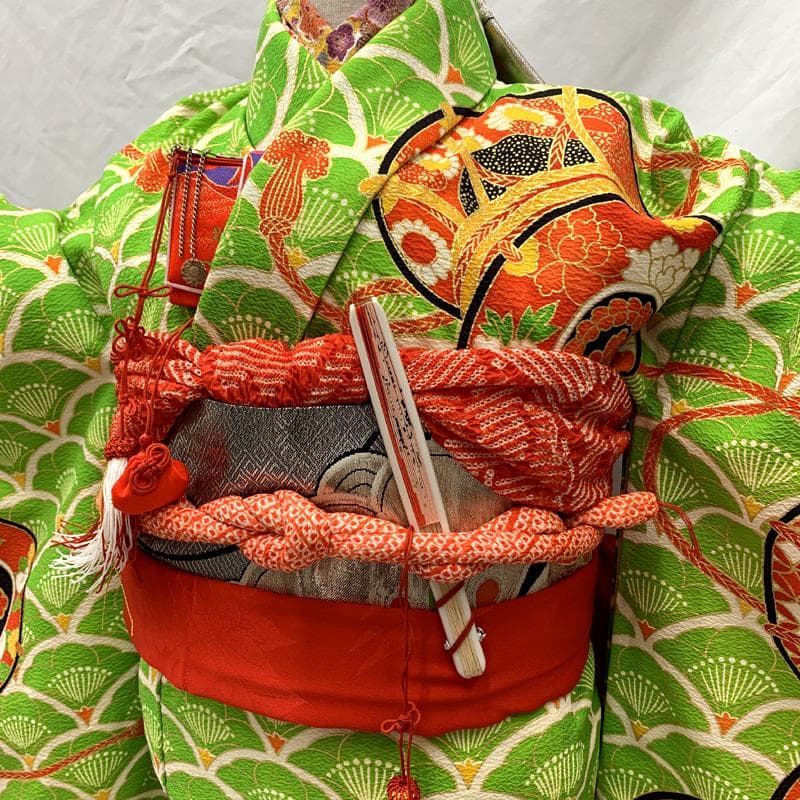 601ag28□七五三 七歳 女児 着物&袋帯 鼓 青海波に梅□状態良好