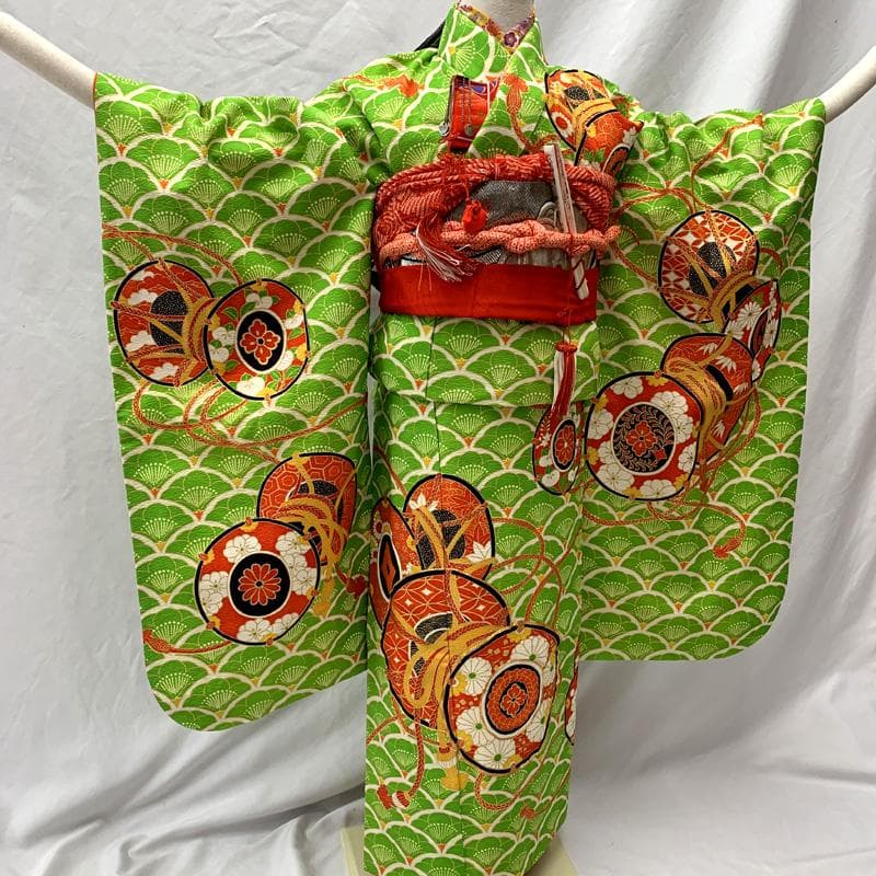 601ag28□七五三 七歳 女児 着物&袋帯 鼓 青海波に梅□状態良好