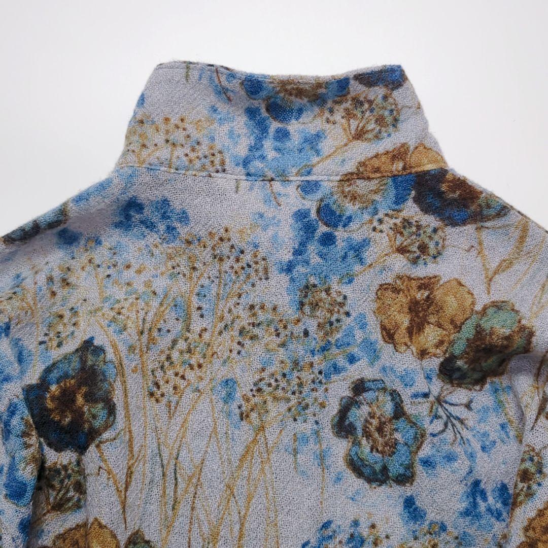 コットンハウスアヤ｜ウールガーゼ 長袖シャツ 水彩フラワー ブルー系 美品