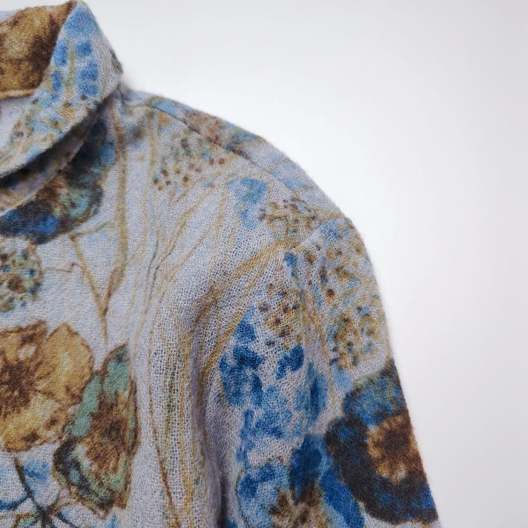 コットンハウスアヤ｜ウールガーゼ 長袖シャツ 水彩フラワー ブルー系 美品