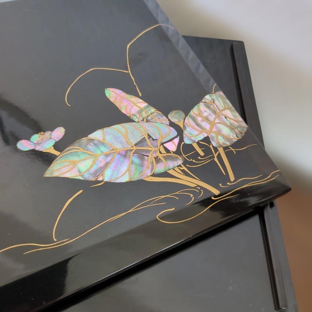 骨董　重箱　螺鈿　三段重　木製　漆器　正月　おせち　木箱